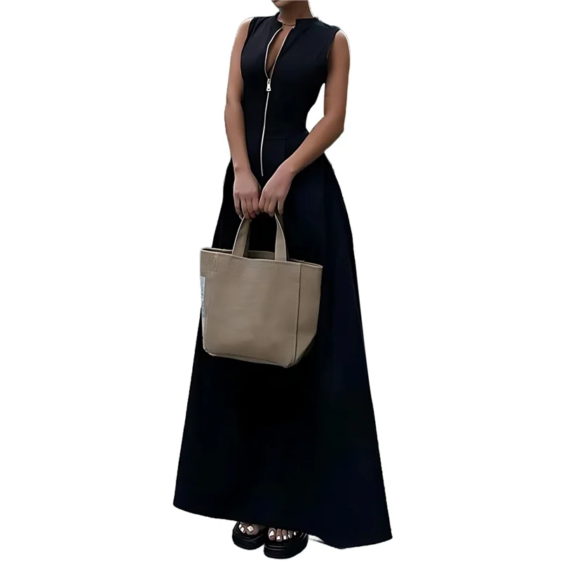 A83F-Abito da donna con scollo a V profondo, maniche ad aletta con cerniera, vita elastica smockata, abito longuette casual estivo diviso con tasche