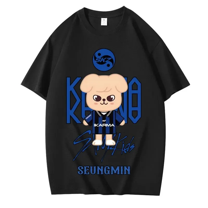 KPOP كارما هيونجين الكرتون المطبوعة سوبر كبير عادية لطيف موضة تي شيرت الكورية موضة المشجعين القطن تي شيرت Harajuku