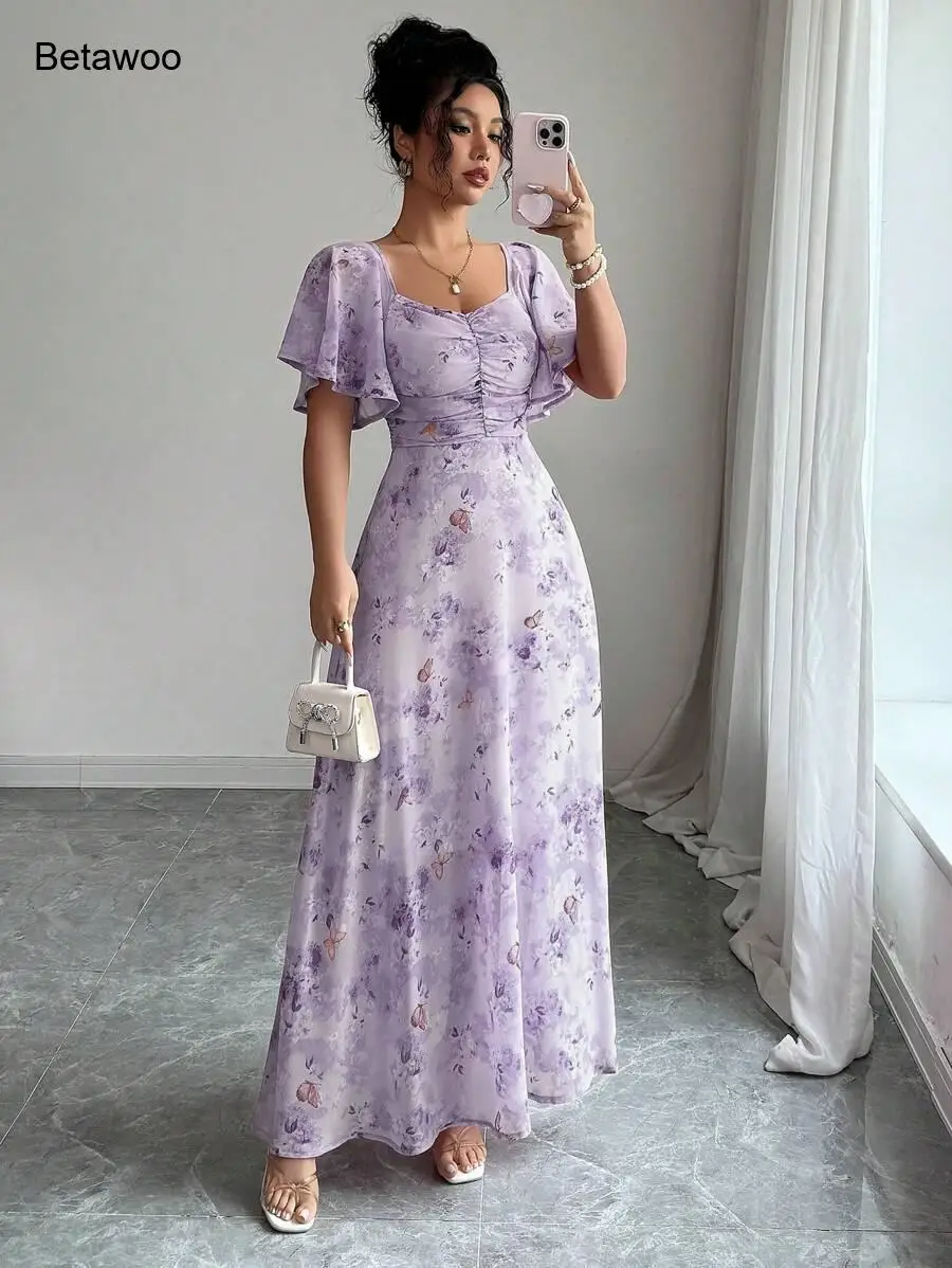 Vestido Largo Maxi con Estampado Floral Lavanda para Mujer, Cuello Cuadrado, Manga Corta con Volantes, Cintura Fruncida, Vestido Largo Fluido para Invitadas de Boda