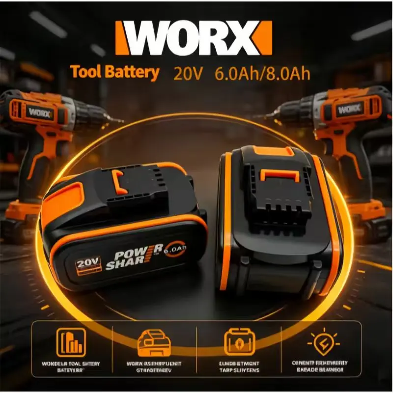 

Universal 20V Replacement Battery For Worx, High Capacity 6.0Ah 8.0Ah, WA3511 WA3512 Compatible, Cordless Power Tools Battery