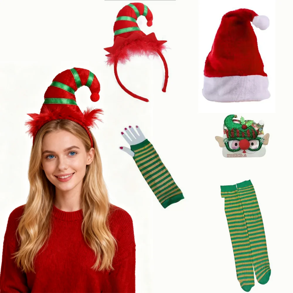 pesenar-conjunto-de-fantasia-de-elfo-de-natal-feminino-manga-curta-vestido-de-natal-meias-altas-ate-a-coxa-chapeu-de-papai-noel