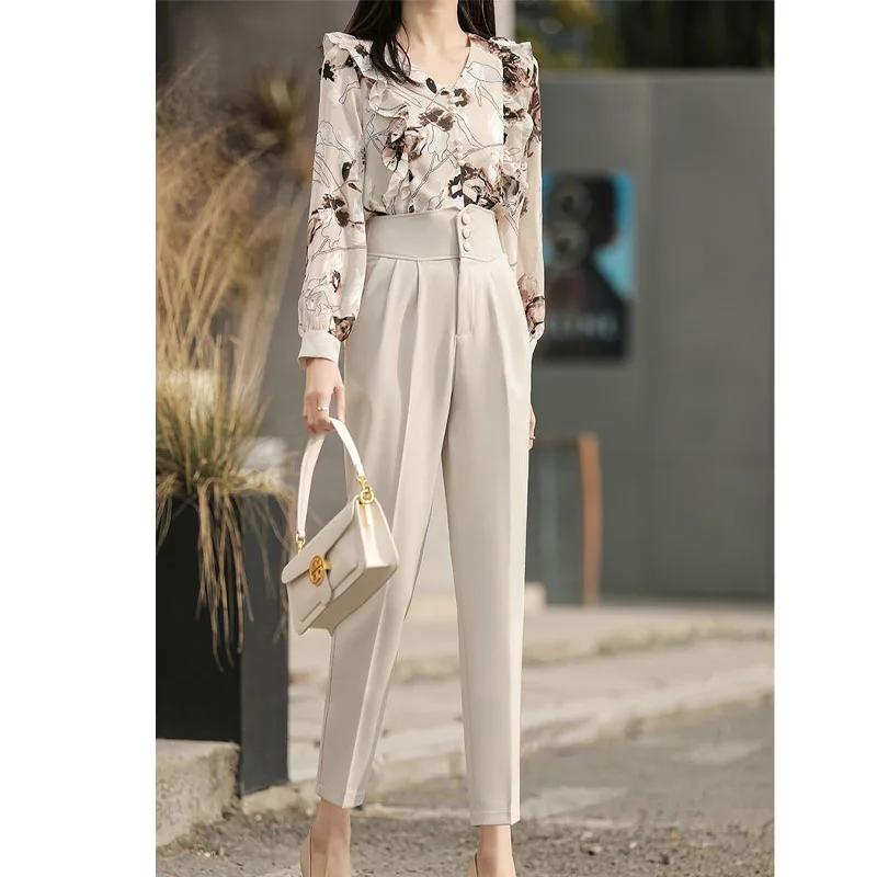 Spring Autumn Office Lady Chic Button Spliced Suit Straight Pants Fashion Elegant Solid Color Cropped Pants Women's Clothing