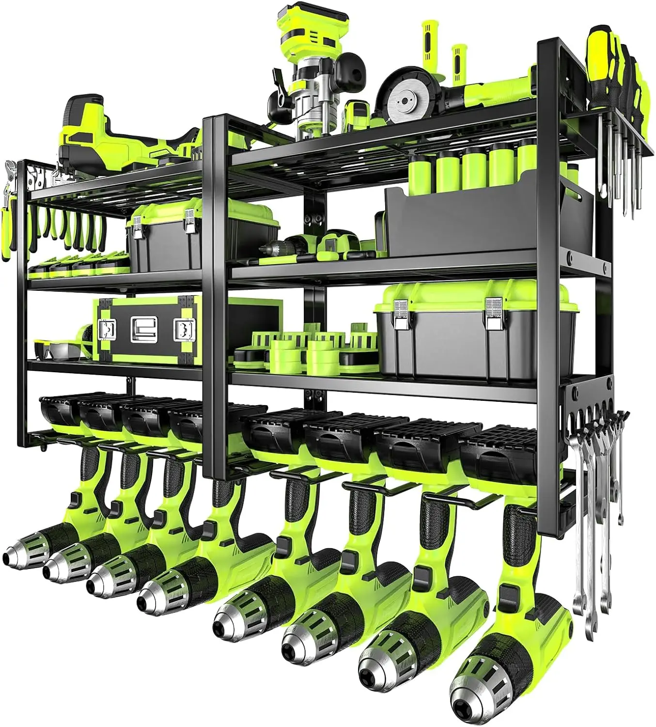 

Heavy Duty Metal Tool Organizer Wall Mount, 4 Detachable Tiers with Drill Holders for Garage Workshop