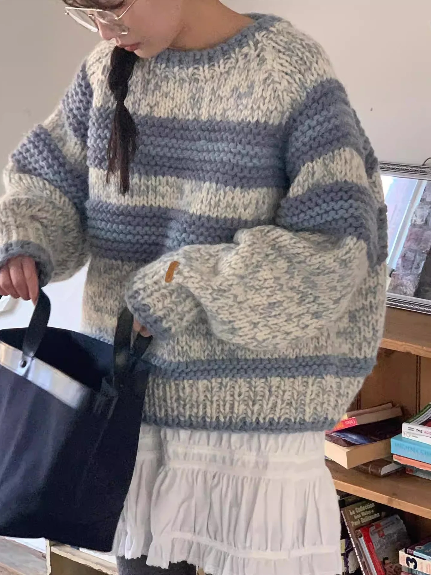 

Chic Winter Sweater Women's round Ne Long Sve Striped Knitwear Warm Heavy Gauge Loose Fit Sli Agel Commute Sle