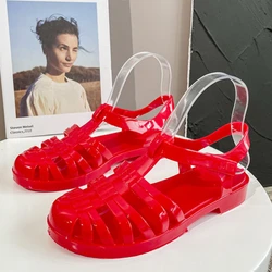 2023 Summer Closed Toe Flat Sandals Female Transparent Crystal Plastic Jelly Shoes Candy Color Hollow Retro Gladiator Size 36-40