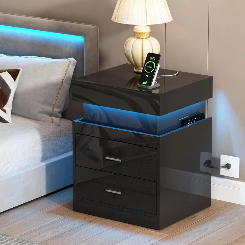 LED Nightstand With Charging Station Smart Sliding Top Storage 2-Drawers High Gloss Bedside Table Modern End Table Bedroom Black