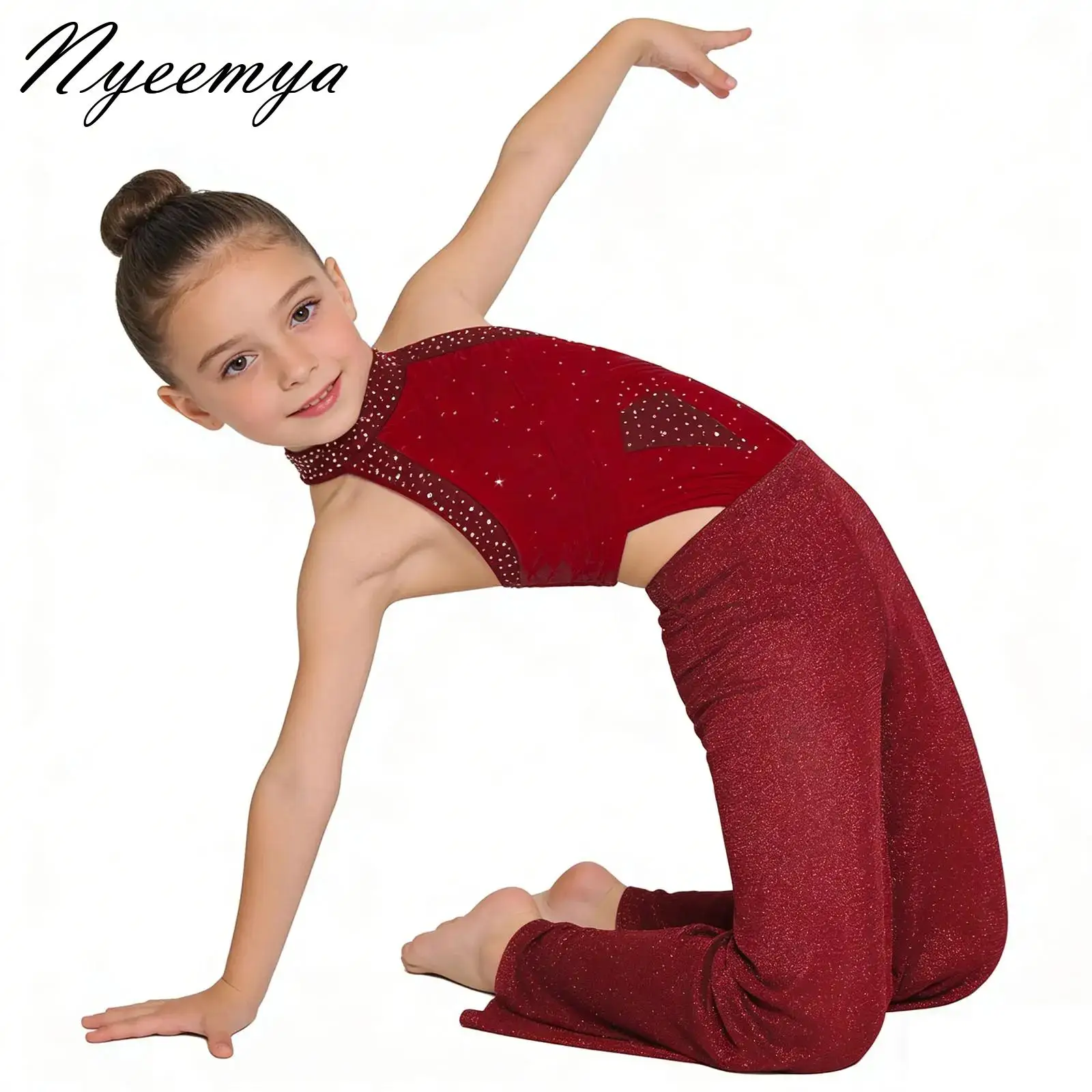 

Kids Girls Modern Lyrical Dance Jumpsuit Shiny Sequins Sleeveless Mesh Bodysuit Latin Skating Gymnastics Performance Costume
