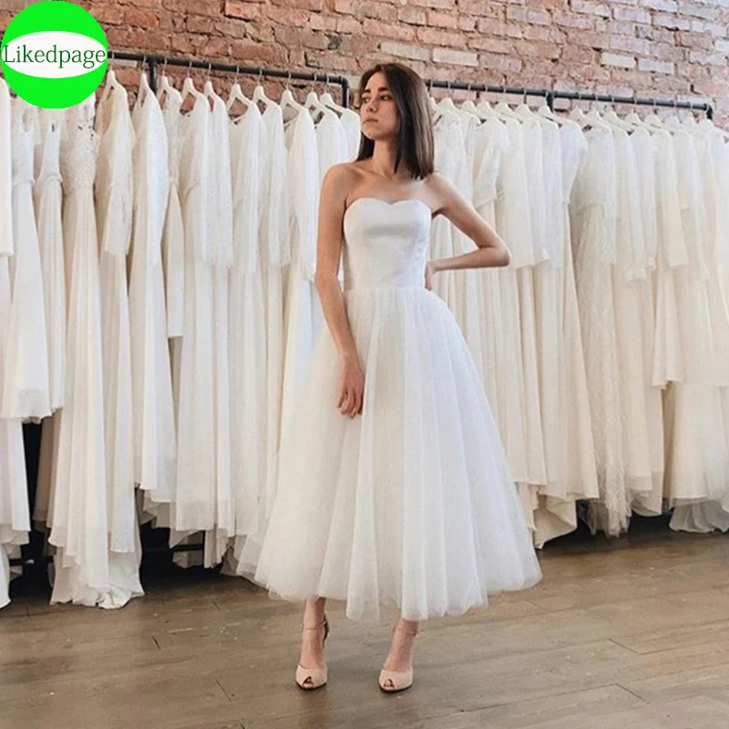 

Simple Short Wedding Dresses Strapless Bride Sleeveless Vestidos Mid-Calf A Line De Novia Boda Suknia Ślubna krótkie Mariée