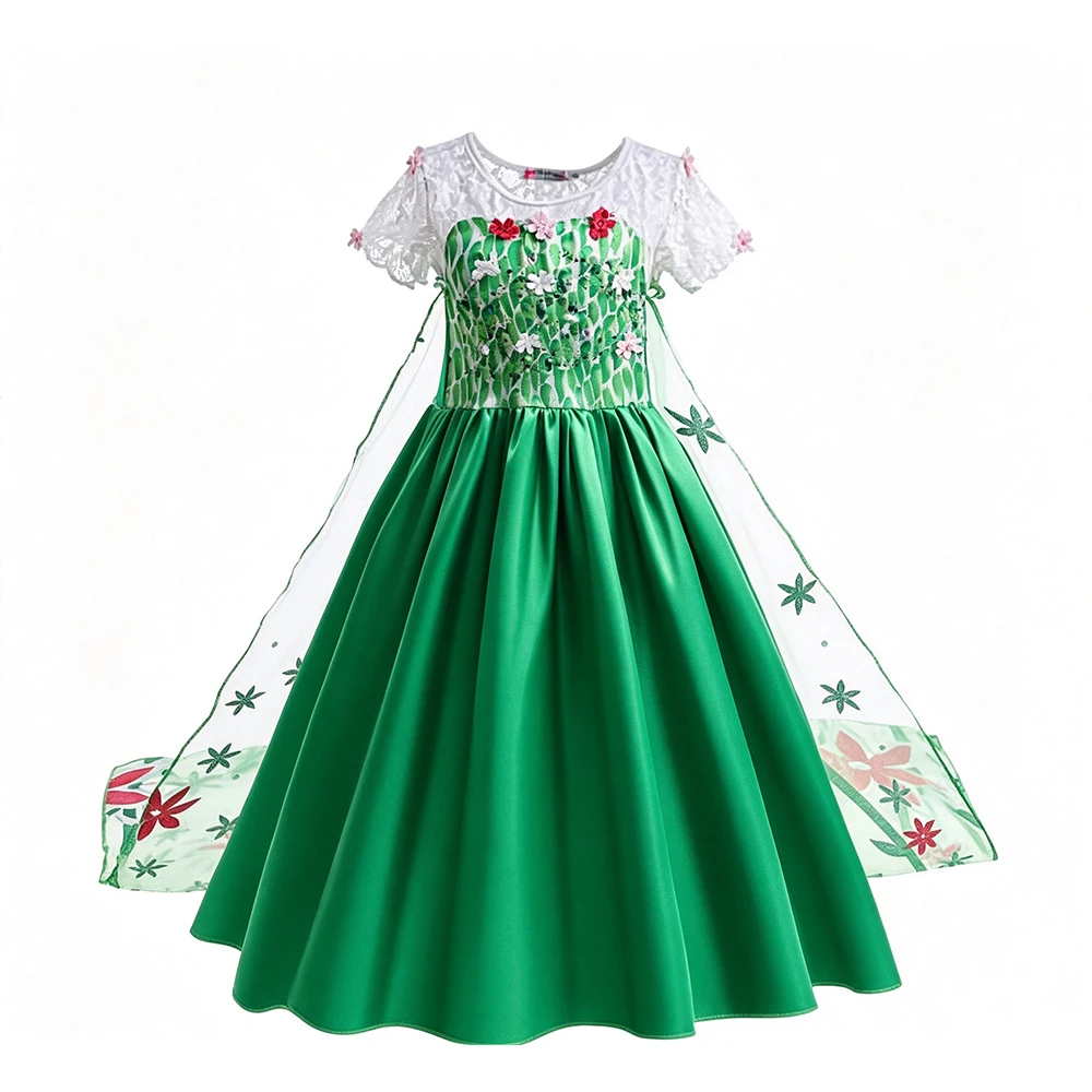 Green Fairy Dress Girls Floral Embroidery Lace Short Sleeve Fancy Dress with Butterfly Wing Flower  Printed Cape for Book Week
