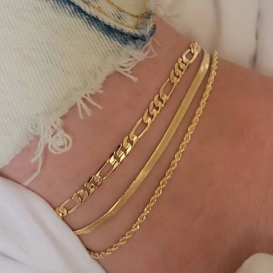 3pcs/set Flat Snake Chain Fried Dough Twists Chain Anklet Set Women's Beach Vacation Fashion Foot Jewelry