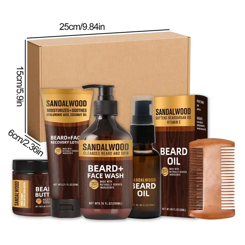 5 pezzi Set per la cura della barba uomo olio per barba baffi crescita dei capelli pettine per la cura della barba, olio per barba, detergente per barba da 200ml, crema per barba, idratante