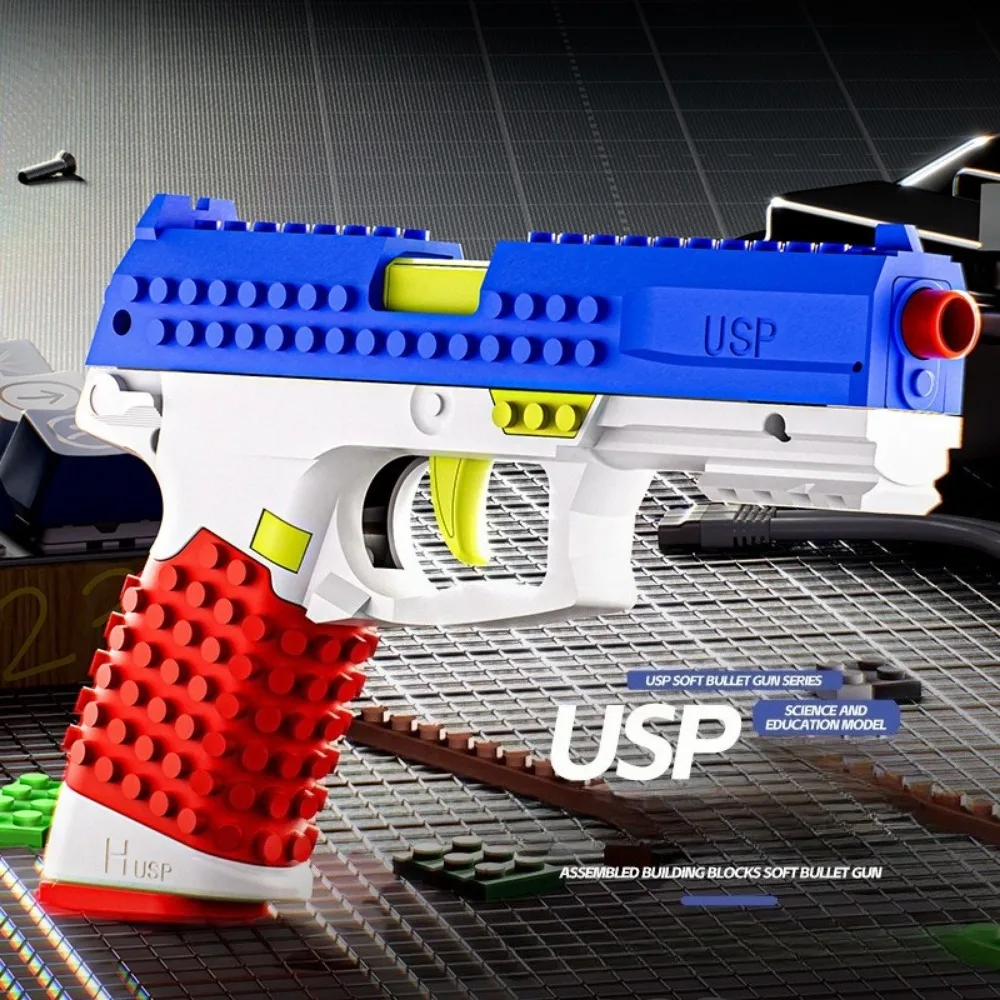DIY Bricks Assemble USP Soft Bullet Gun Toy Continuous Firing Pistol Shell Throwing Shooting Game Toy Perfect Birthday Gifts