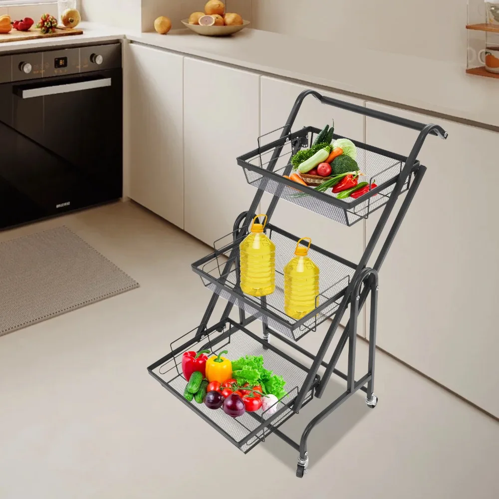 

3 Tier Rolling Cart Adjustable Metal Storage Carts with Wheels Mesh Utility Cart Organizer for Kitchen Office Bathroom (Black)