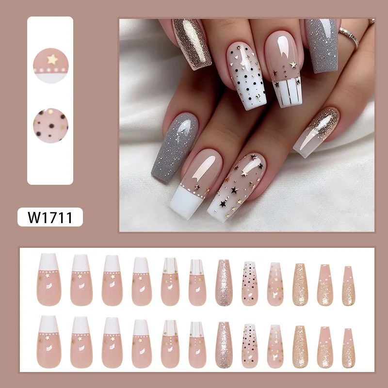 Foreign trade fake nails star and moon fine flash wearing nail French removable nail art sheet printing simple patch 24 pieces