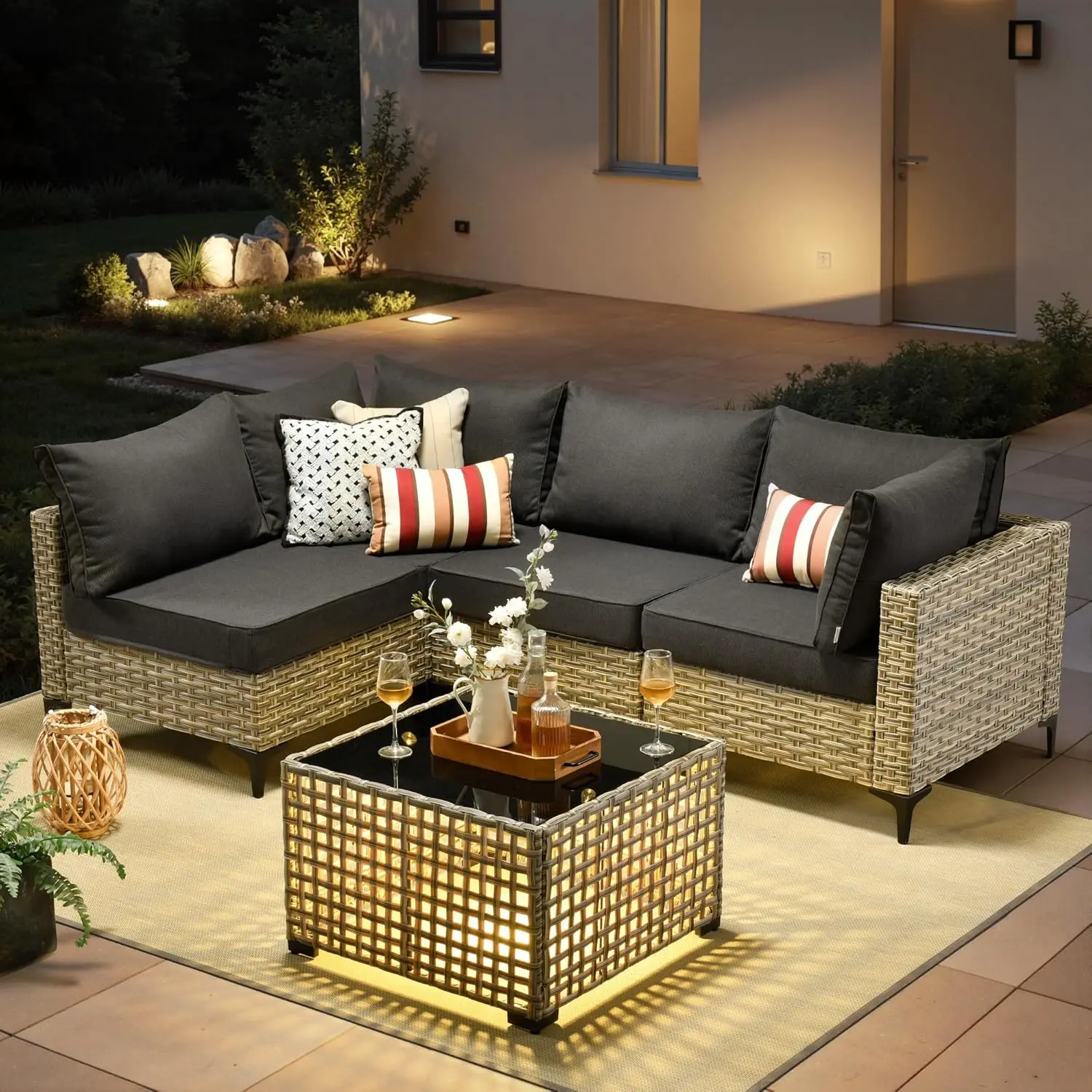 

Комплект садовой мебели из 5 предметов с кофейным столиком на солнечной батарее, всепогодные секционные наборы для отдыха из ротанга, на заказ