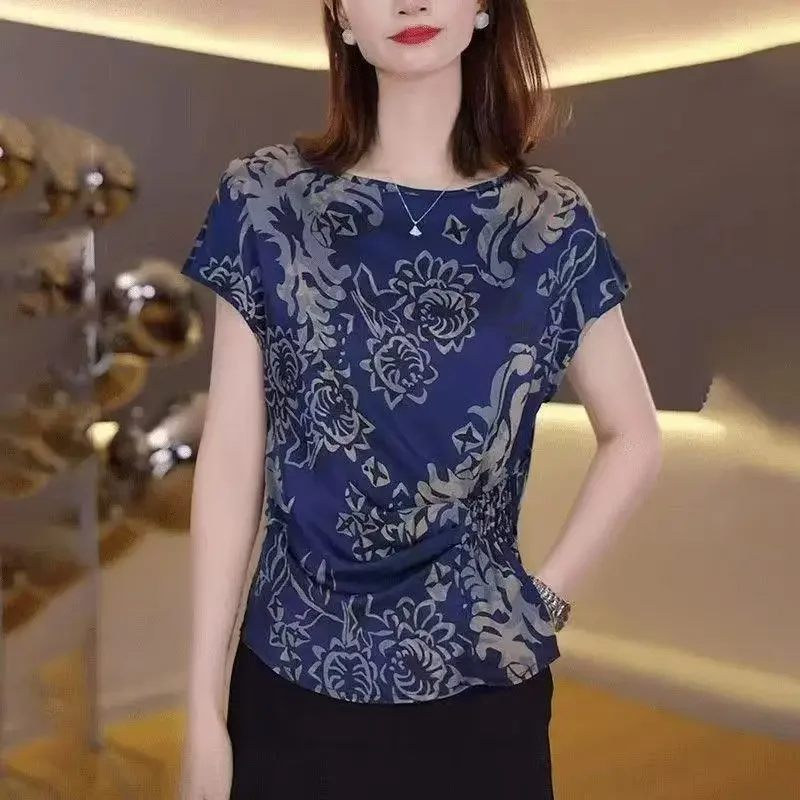 Floral Short Sleeve T-Shirt Women's Summer New Fashion Elegant Age-Reducing High-End Top Stylish Versatile Slimming Tops