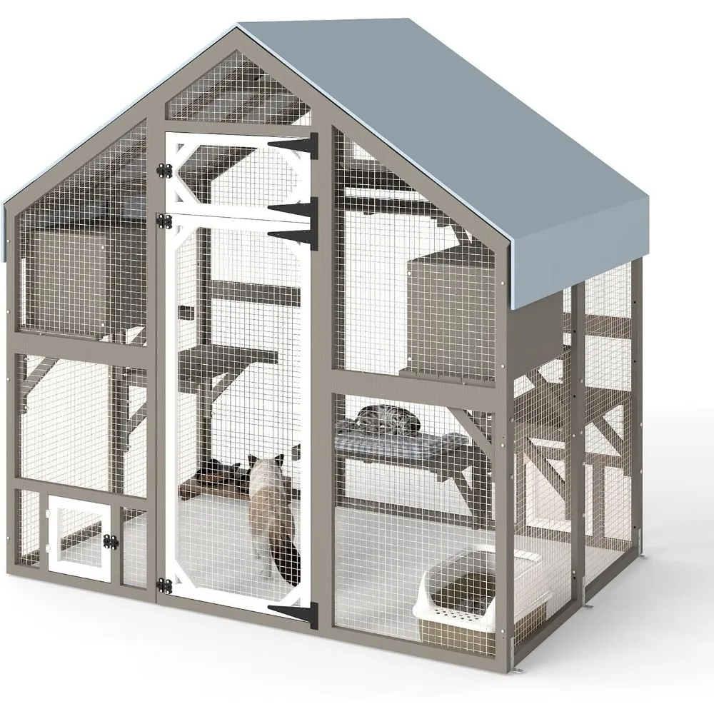 

69.9"L Catio Outdoor Cat Enclosure for Multiple Cats，Wooden Walk In Cats Shelter Kitty Enclosure with 2 Resting Boxes,6 Platform