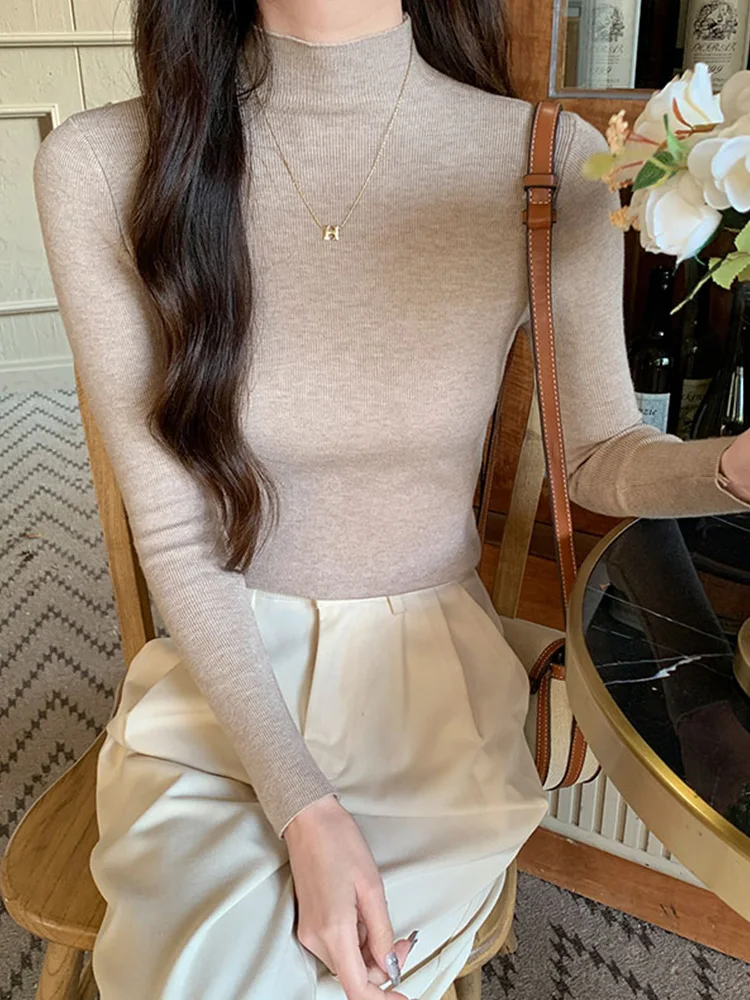 

Sli Long Sve женский трикотаж с высоким воротником, цветной облегающий осенне-зимний модный теплый базовый слой, топ