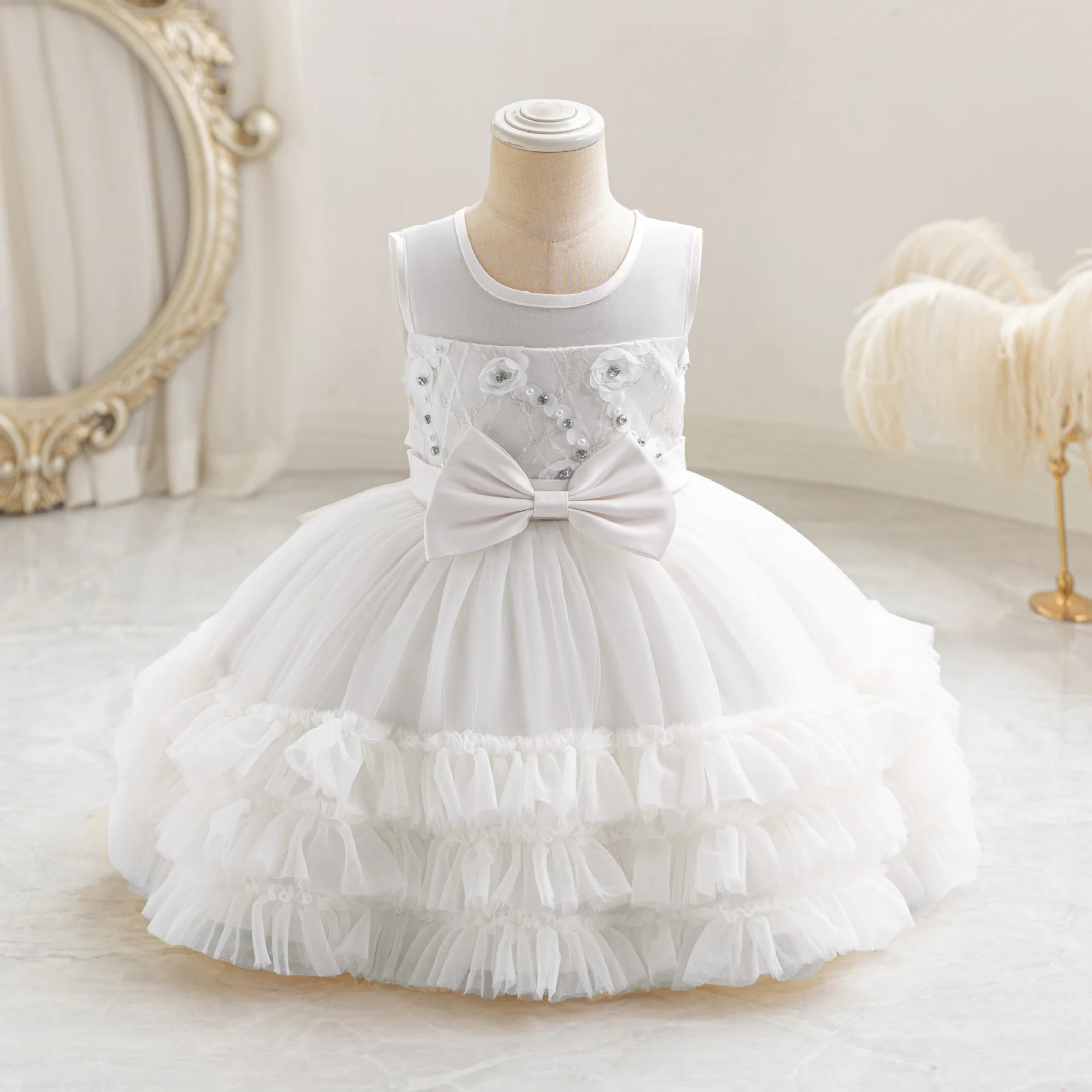 Shiny Toddler Ruffled Baby Toddler Beaded Birthday Party Formal Pageant Flower Girl Dress