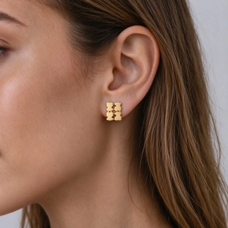 Gold Plated Four Bears Linked Stud Earrings For Women, Cute Hollow Animal Charm Earrings, Unique Multi Bear Design Stud Earrings, Minimalist Trendy Jewelry Gift For Teen Girls, Everyday Office Casual Dating Party Wear Accessory, Hypoallergenic Nickel Free