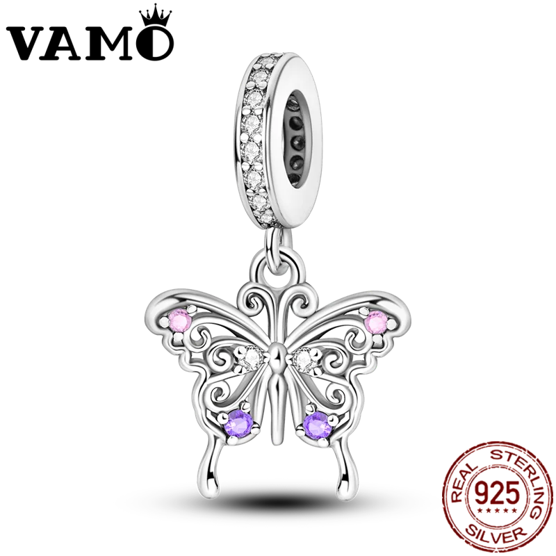 VAMO Original 925 Sterling Silver Hollow Butterfly Charms Bead Sparkling CZ Zircon Pendants Fit Bracelet Women Jewelry Gift