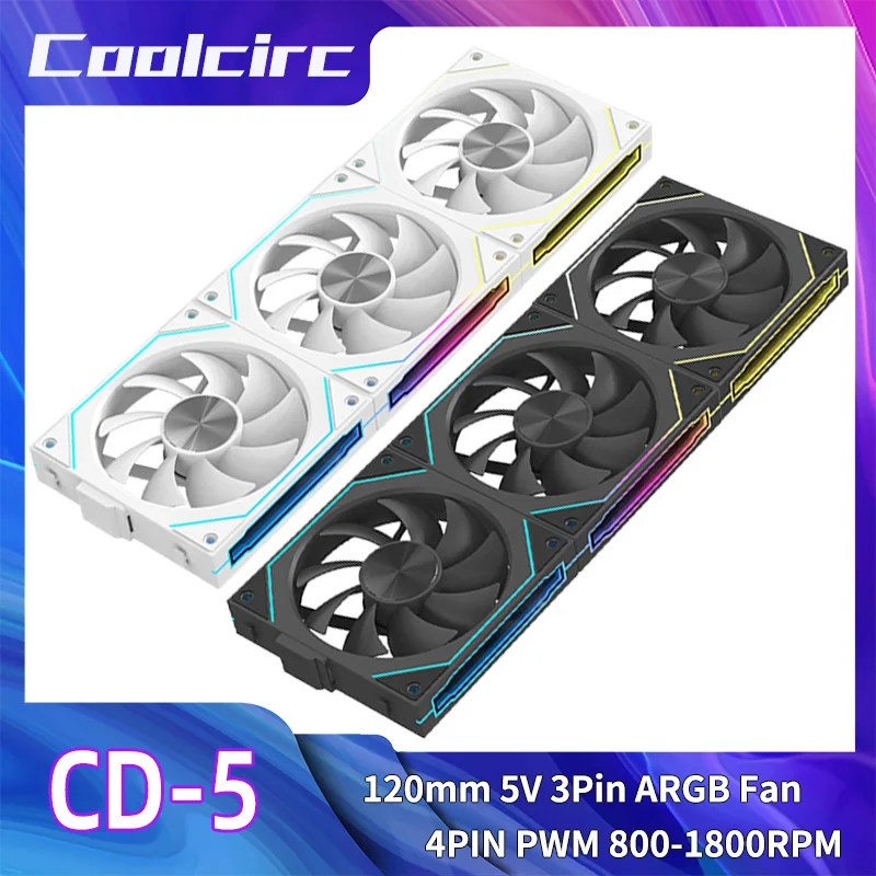 Coolcirc 120mm PC Computer Case Fan 5V 3PIN ARGB Motherboard Lighting Sync Cooling Fan 4PIN PWM 800-1800RPM Case Cooler Fan