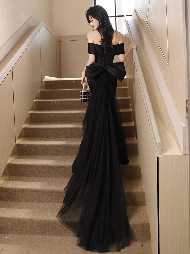 

Ele Bla-oulder Floor-Length Evening Gown Women's Host Fi Tail Skirt Drag Tail High-End Feeling Annual Conference