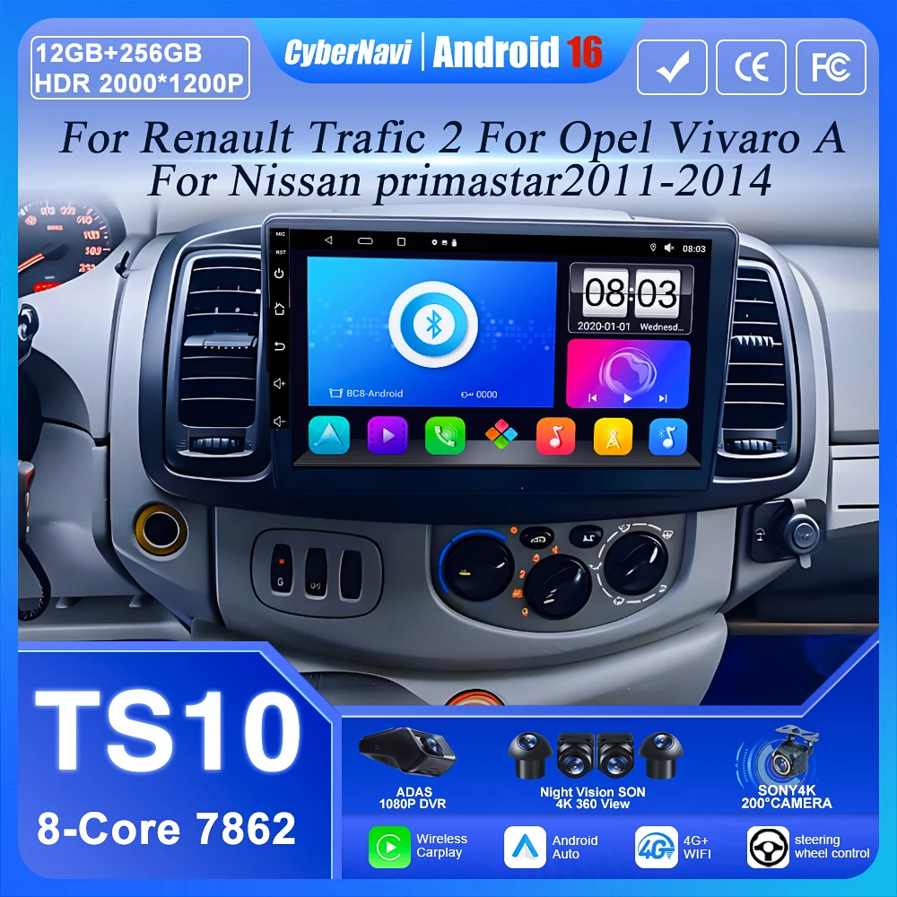 Rádio Automotivo Android 16 para Renault Trafic 2, Opel Vivaro A e Nissan Primastar 2001 - 2014 com Carplay, Navegação GPS, 4G e Bluetooth