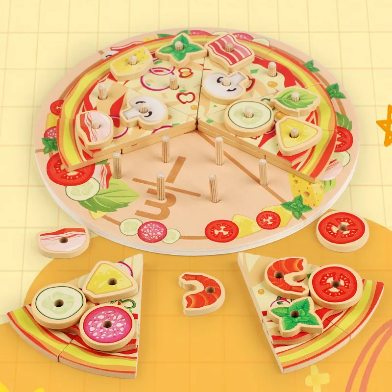 Kids Wooden Kitchen Toy DIY Simulation Multi-layered Pizza Make Games Montessori Fine Motor Skills Eduational Creative Toy Gift
