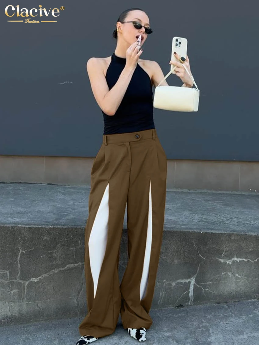 

Clacive Fashion Loose Brown Women's Pants 2025 Vintage High Waist Wide Trousers Elegant Classic Patchwrok Pants Female Clothing