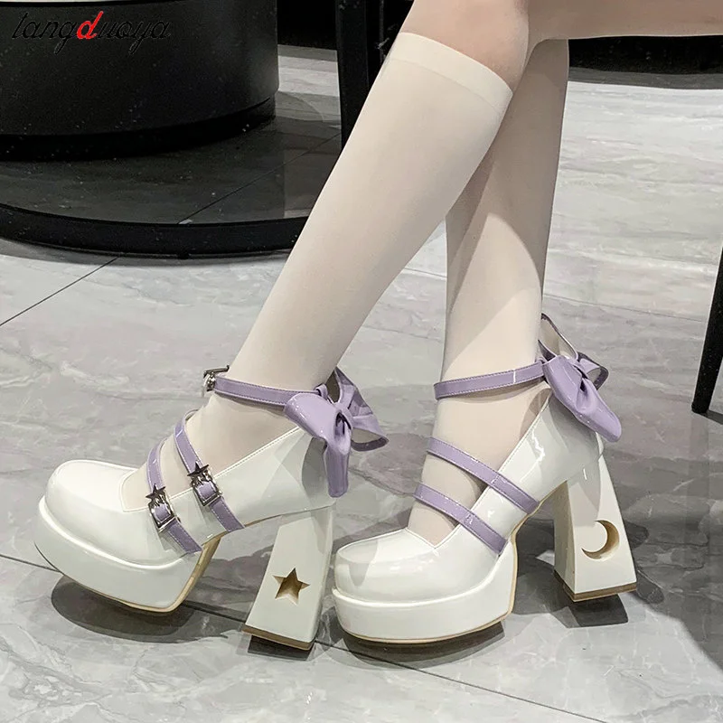 Chunky Platform High Heels Pumps Women 2024 Spring Punk Thick Heel Mary Jane Lolita Shoes Woman Patent Leather Cosplay Shoes