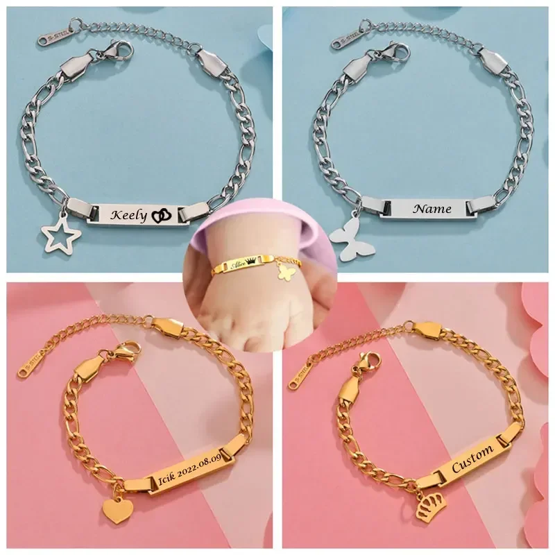 Bracelet Personnalisé avec Nom de Nouveau-Né, en Acier Inoxydable, Breloque en Forme de Cœur, Couronne, Papillon, Étoile, Meilleur Cadeau pour Bébé Garçon et Fille