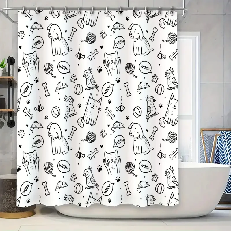 مجموعة ستائر الدش المطبوعة على شكل حيوانات باللون الأسود والأبيض على شكل كلب قطة ديكور الحمام لمستلزمات إعادة تشكيل المطبخ المنزلي سهلة التركيب وات #1
