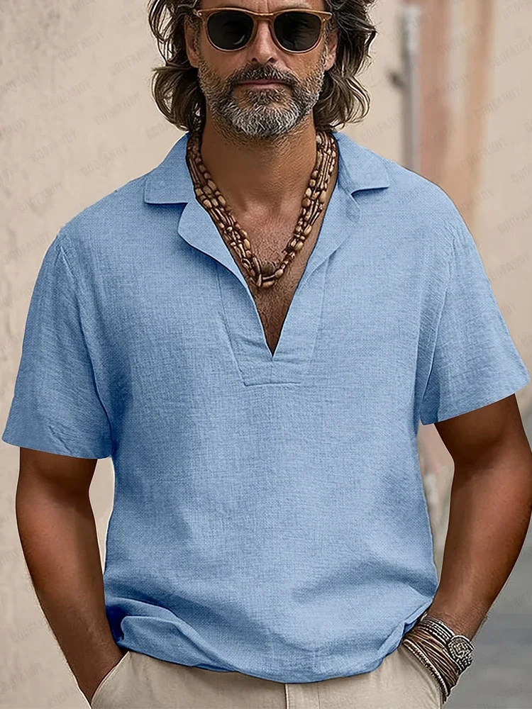 

Vintage Turn-down Collar Linen Tops Mens Summer Casual Breathable Loose Solid Color Polo Shirt Mens Leisure Short Sleeve Polos