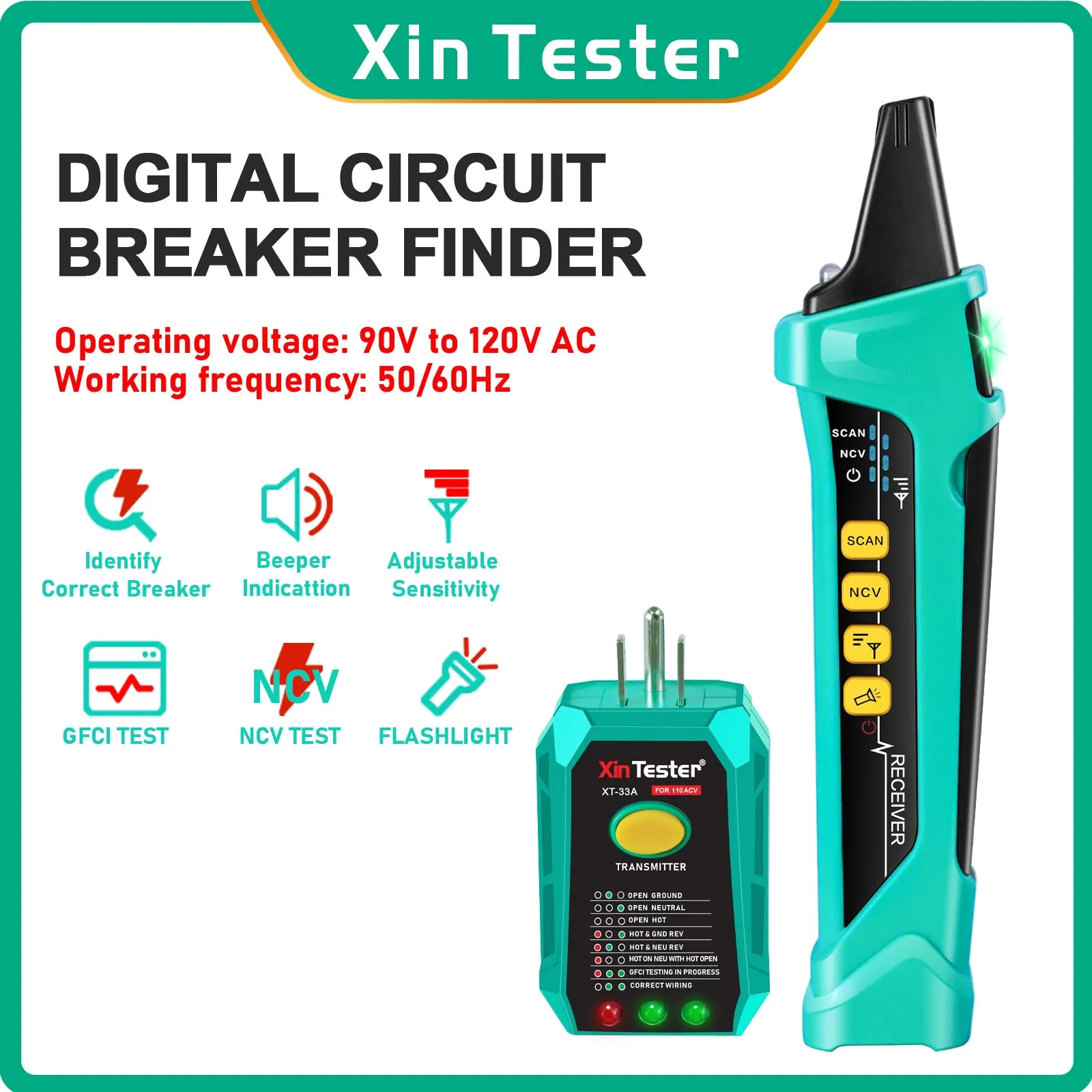 Xin Tester Digitale AC Stroomonderbreker Finder Tool Kit Geïntegreerde GFCI Outlet Tester 90-120V NCV Elektrische Circuit Tracer XT-33A