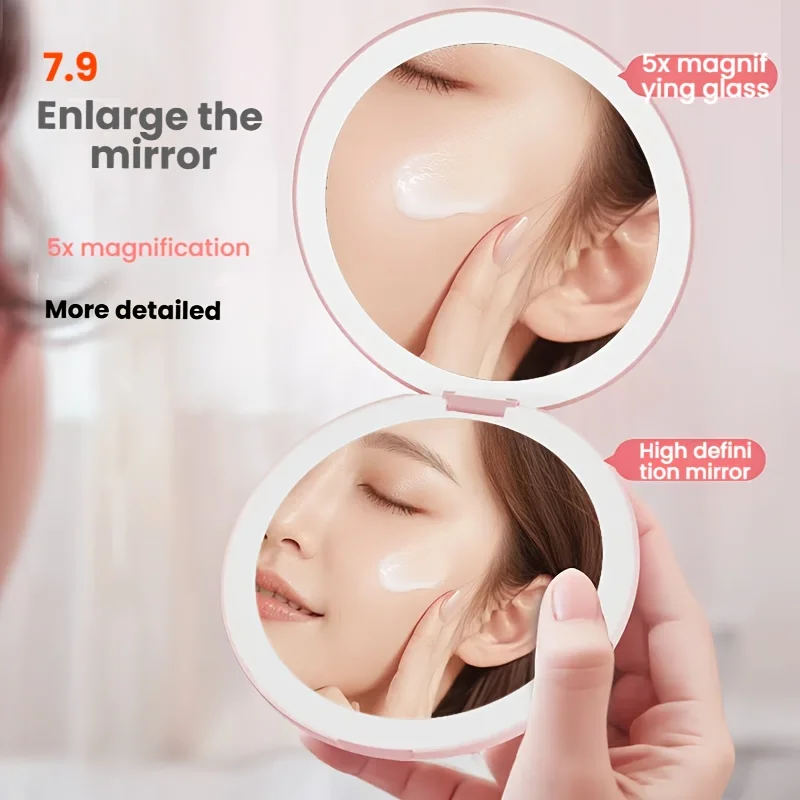 1 stuk 5x dubbelzijdige ronde make-upspiegel met led-driekleurige verlichting met USB-oplaadkabel, voldoen aan verschillende scènes, ideaal voor make-up, touch-up, huidverzorging, reinigende poriën, aanraakbaar om de kaptafel vast te houden, perfect cadeau voor vrouwelijke vrienden