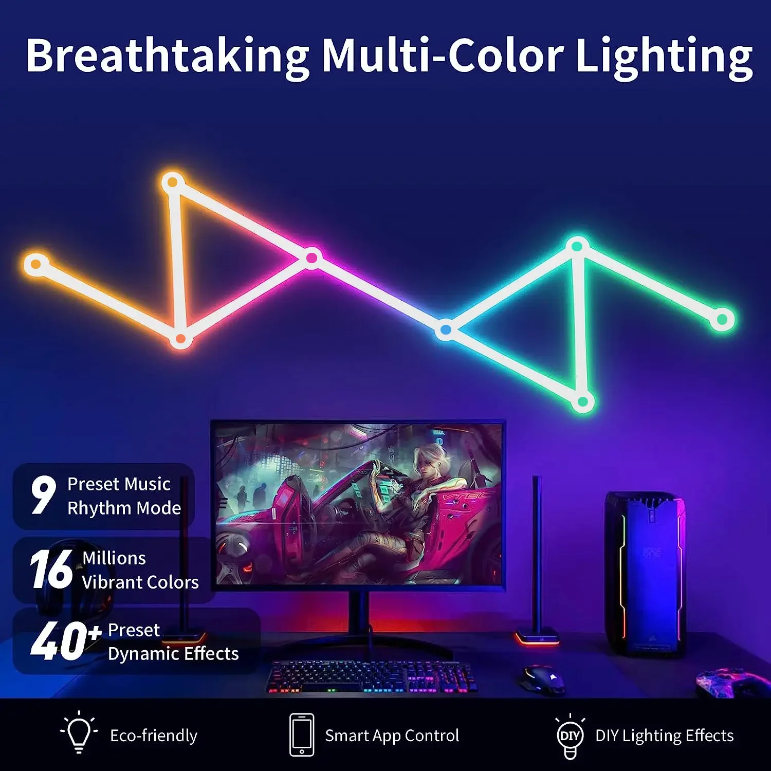 LED Smart RGB Wall Lamp WIFI Control Lights Bar Music Rhythm DIY Atmosphere Night Light TV Backlight Bedroom Gameroom Decoration