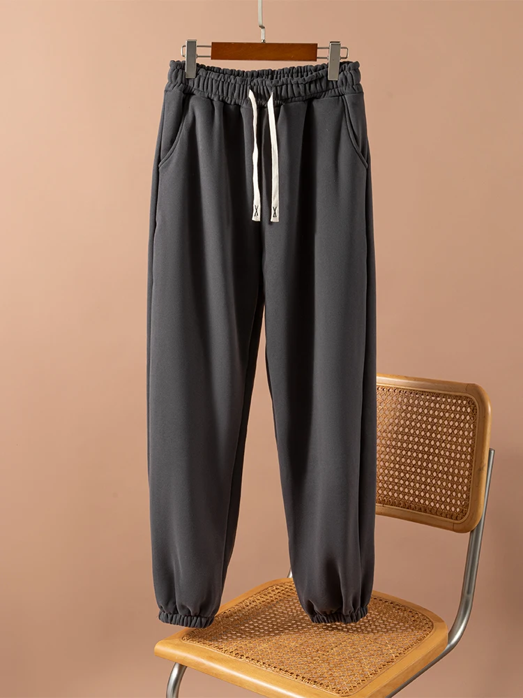 Women's Fleece Lined Thickened Casual Pants Drawstring Sweatshirt Matched Loose Long Trousers Pure Color Cuffed Polyester Fiber