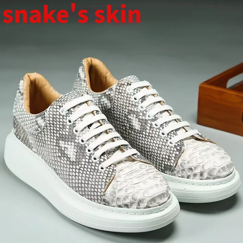 Python Skin Couple Sports Shoes Men Increased Genuine Leather Fashion Sneakers Durable Snake Skin Hand Sewn Casual Shoes Women\'s