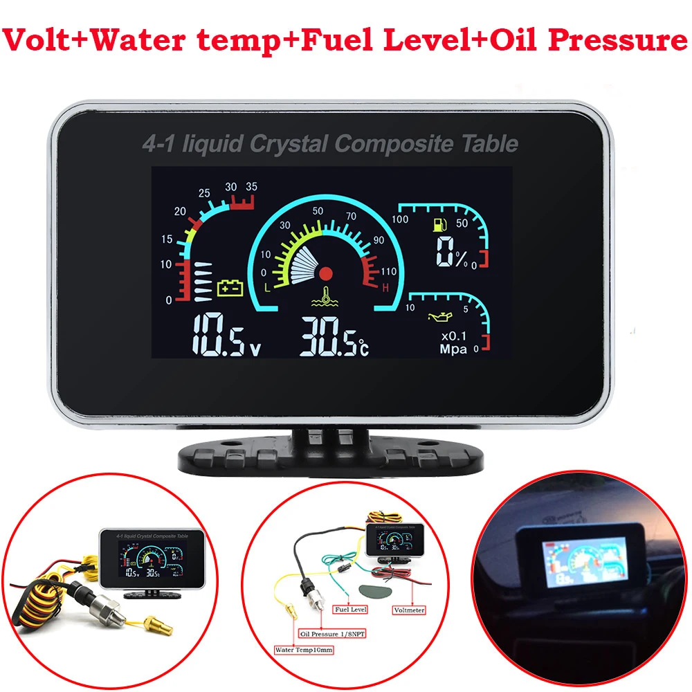 4 in 1 LCD Oil Pressure Gauge Voltmeter M10 Water Temperature Sensor 1/8NPT Oil Pressure Gauge for DC 9-36V Digital Car Gauge