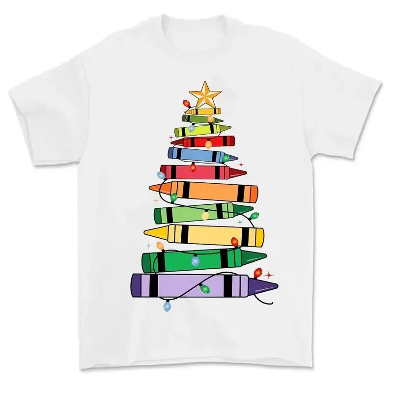 Christmas Teacher T Shirt Crayons Tree For Xmas Party Outfit Lights