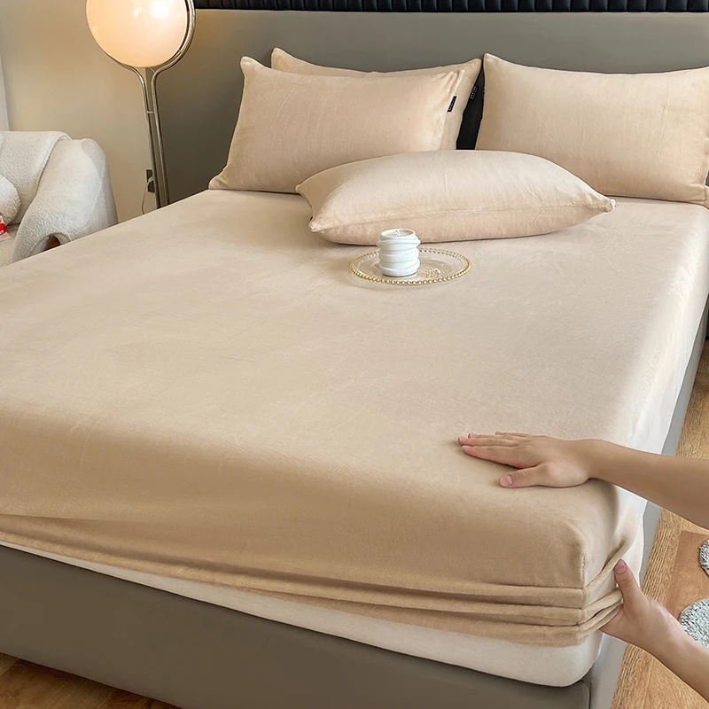 Solid Color Milk Velvet Fitted Sheet Autumn Winter Warm Mattress Protector Cover Single Double Size Non Slip Plush Bed Sheet Set