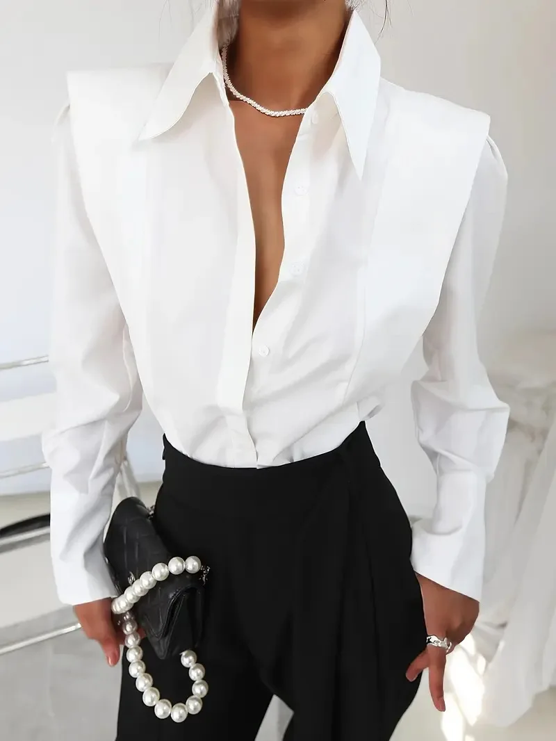 

Элегантная белая блузка Linad Spring с пышными рукавами, однобортная, для офиса, женская, 2026, в уличном стиле, с отложным воротником