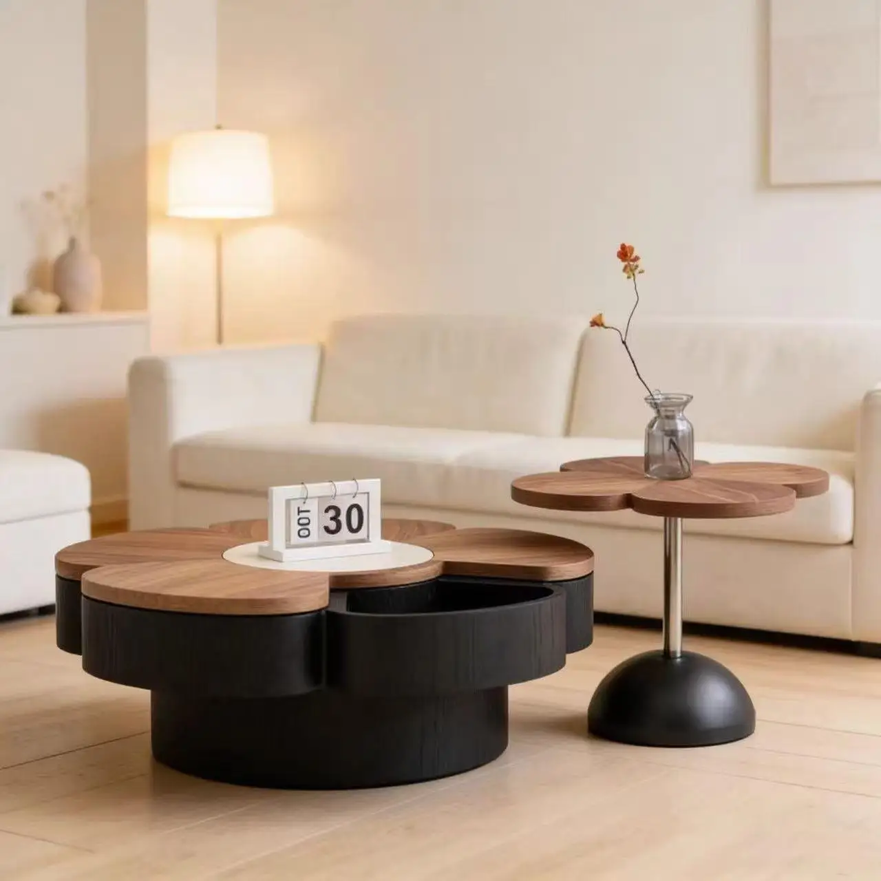 Italian minimalist, flower shaped coffee table combination, rotatable, walnut, living room household