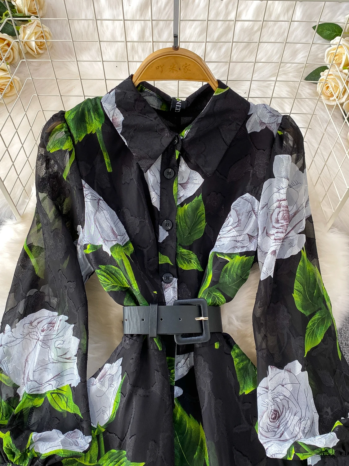 Ele Long Sve Floral Print Dr Women's Spring Autumn Single Button Waist Cinched Maxi Dr Commute Sle High Waist