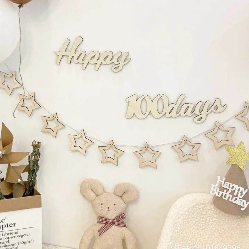 木製5点星桜ストリングフラッグ、誕生日パーティー、赤ちゃん、子供、子供、休日、寝室の装飾、写真バナー