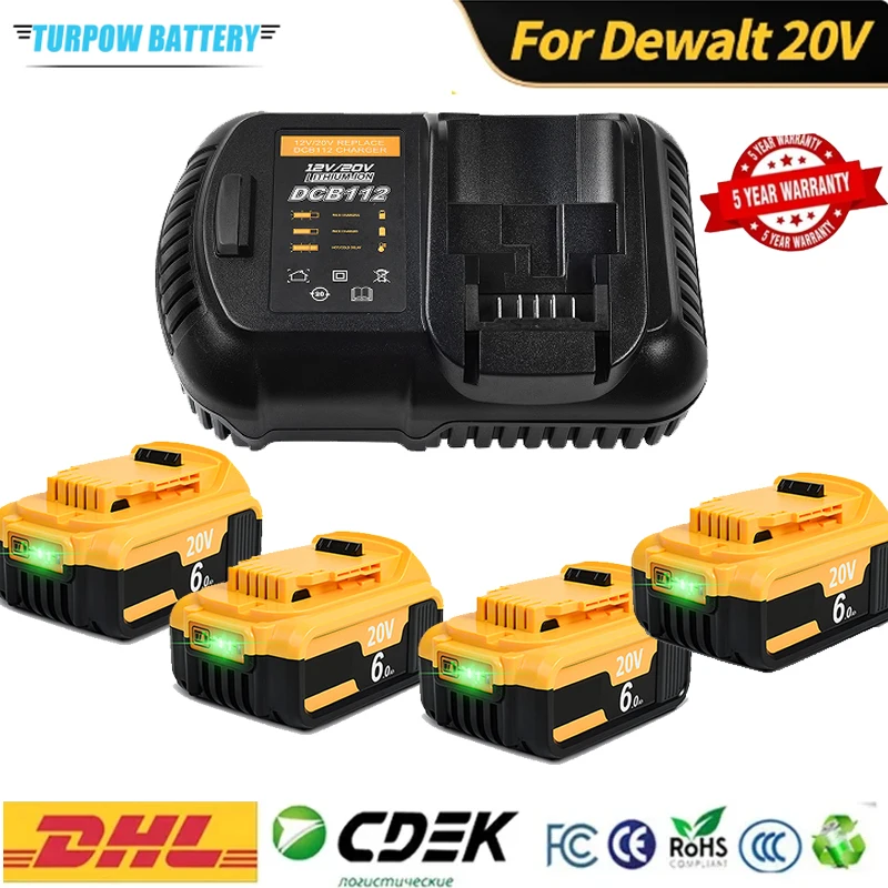 20V 6000mAH For Dewalt DCB200 Rechargeable Li-ion Battery compatible DCB180 DCB182 DCB205 DCB204 Power Tool battery and Charger