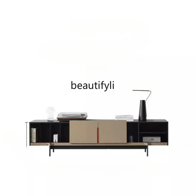

25LDItalian Minimalist TV Cabinet Living Room Saddle Leather Light Luxury Floor Cabinet Solid Wood TV Stand