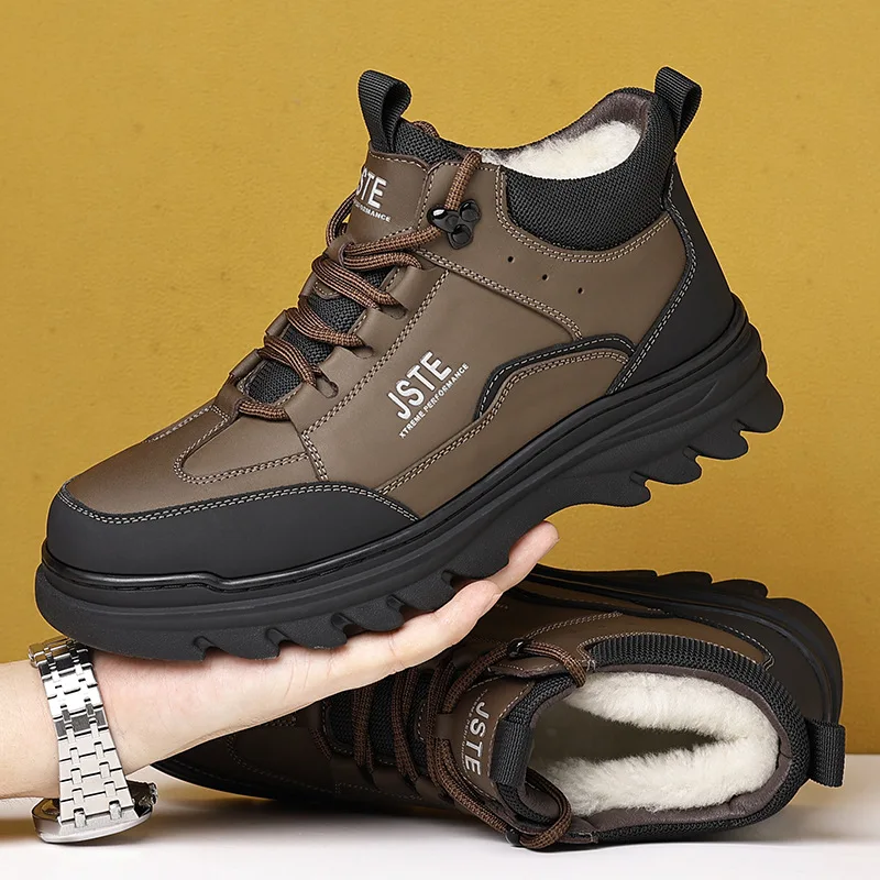 

New winter casual lace up genuine leather men snow boots high top fleece-lined warm male cotton shoes