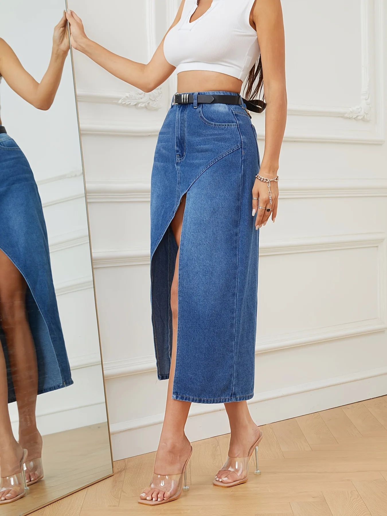 2024 New Arrival Women\'s Irregular Slit Denim Skirt Fashion Loose Sexy Mid-Length Jeans Skirt Casual Ladies Clothing XS-L